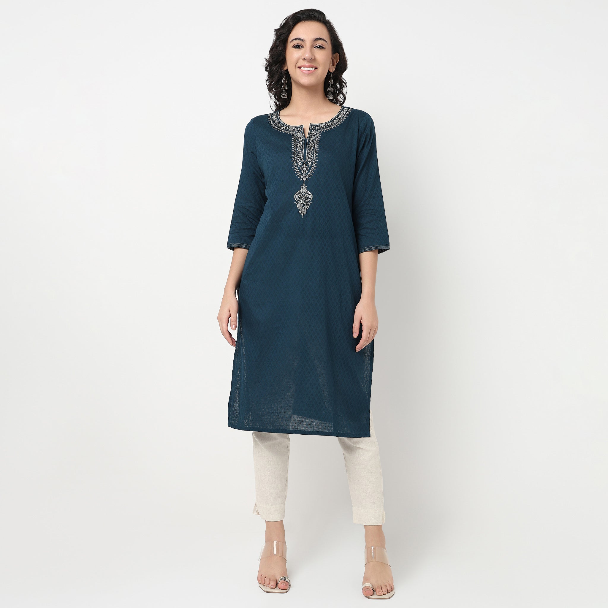 Order Now Women Embroidered Round Neck Straight Fit Ethnic Wear Kurta by Style Union