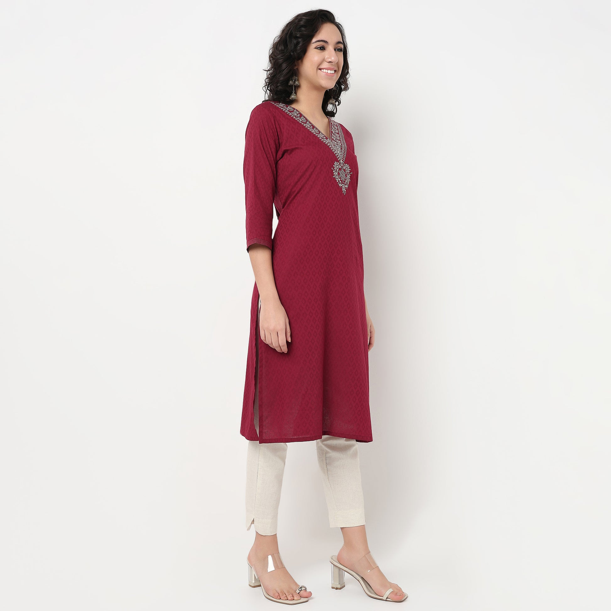 Order Now Women Embroidered V Neck Straight Fit Ethnic Wear Kurta by Style Union