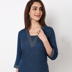 V-Neck With Gusset & Couching Long Kurta