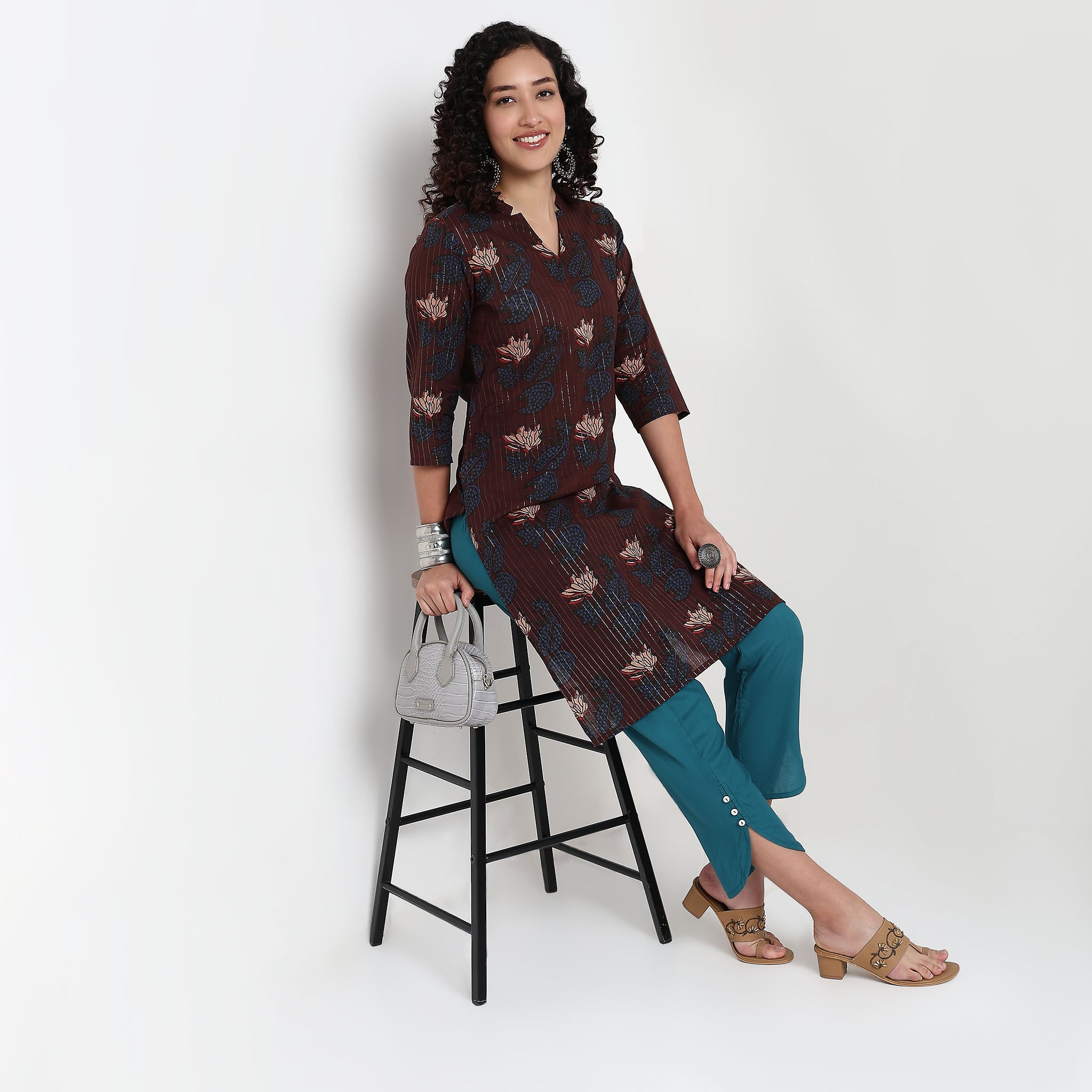 V-Neck With Notch Collar Floral Print Kurta