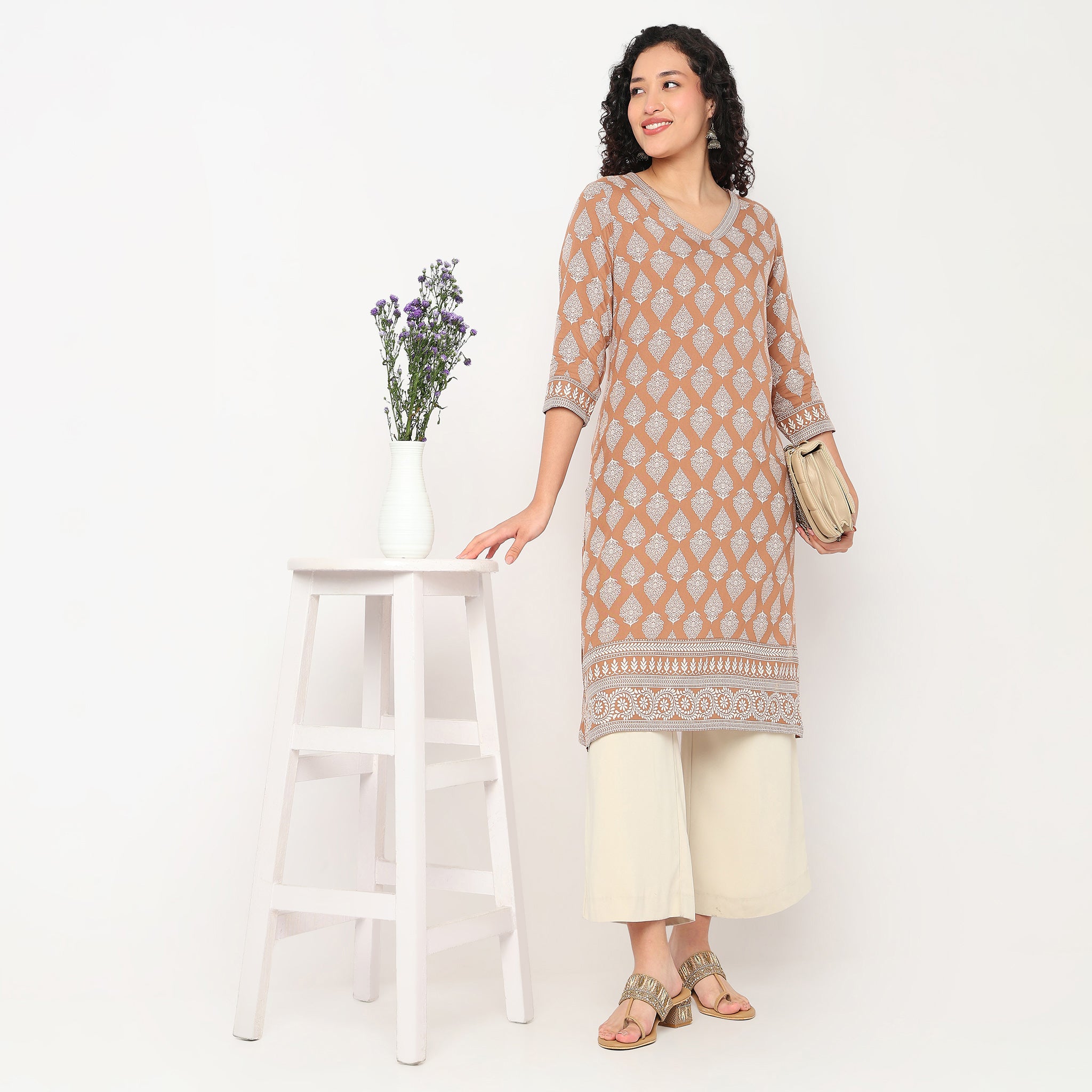 V-Neck Printed Long Kurta