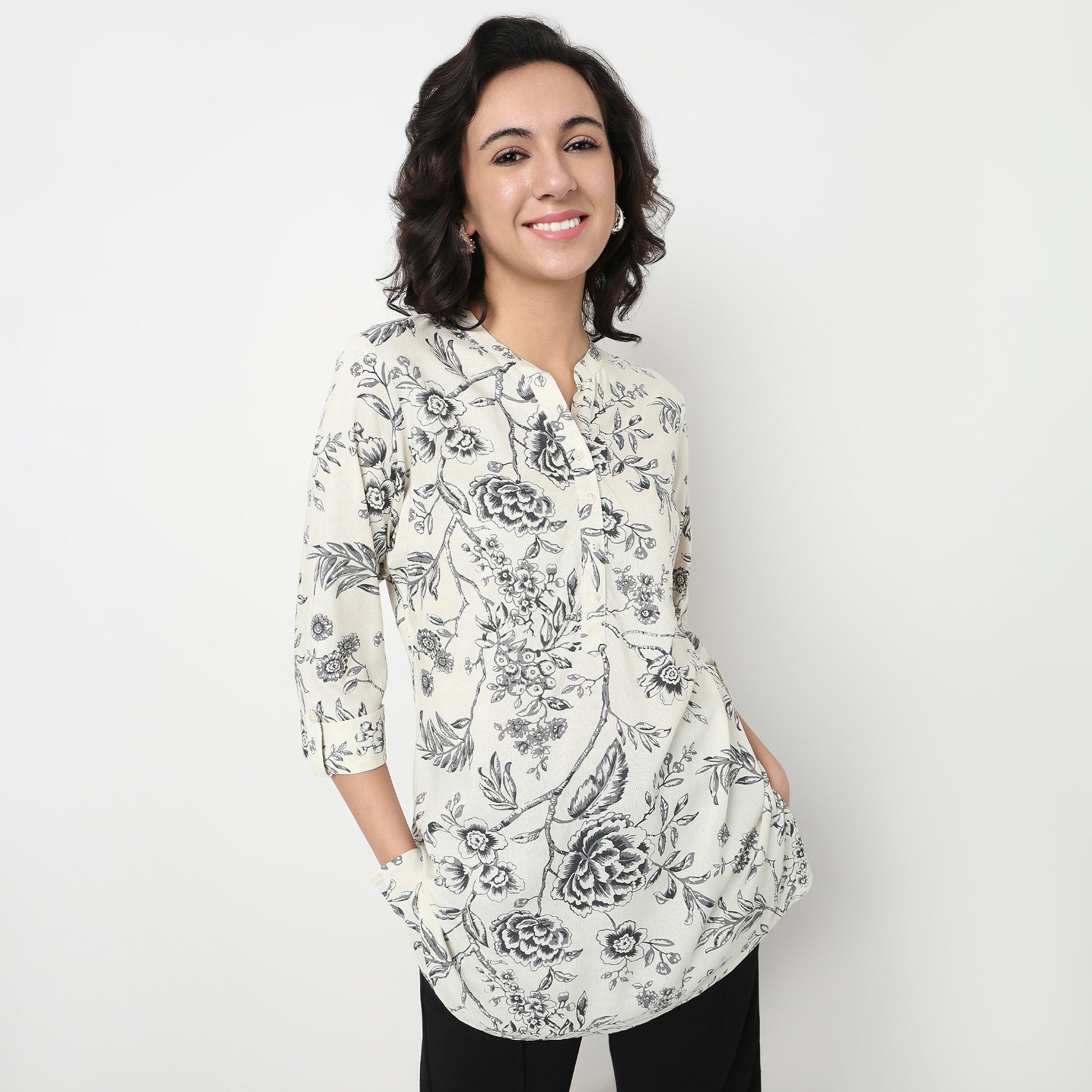 Order Now Women Printed Band Neck Straight Fit Ethnic Wear Short Kurti by Style Union