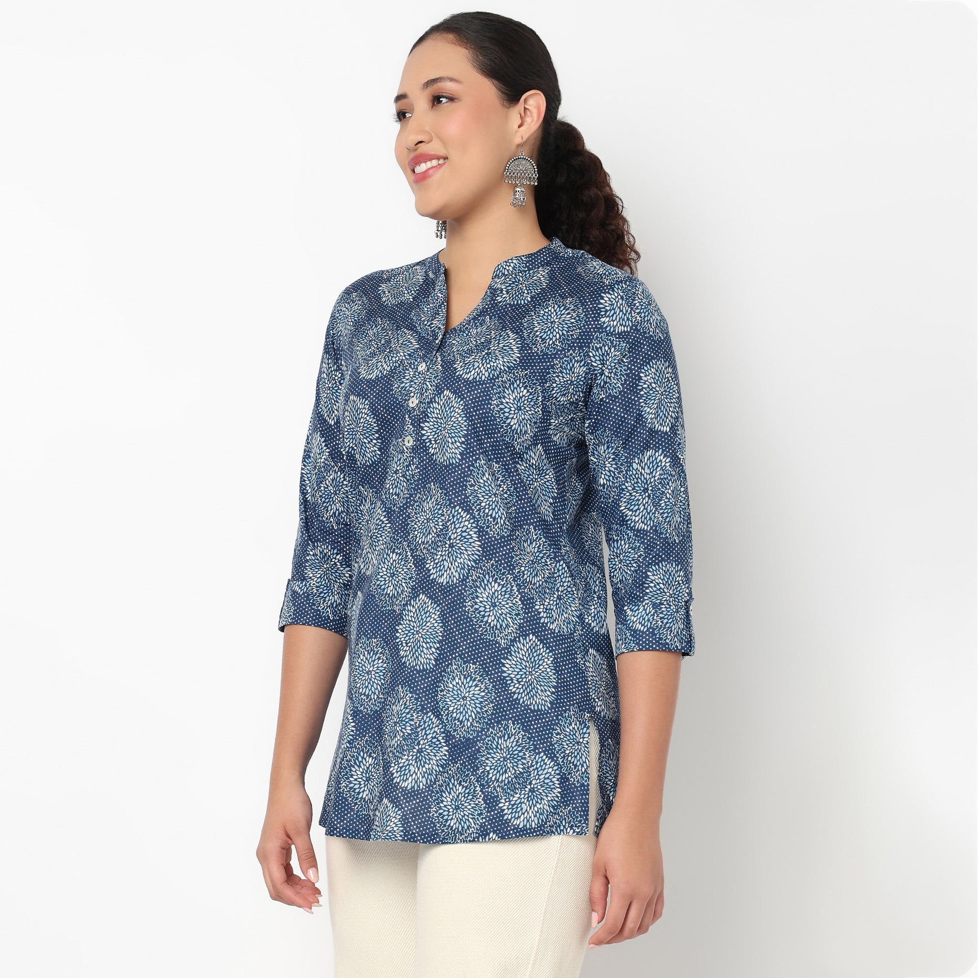 Half Placket Printed Short Kurti