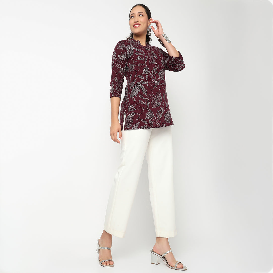 Printed Band Neck Short Kurti