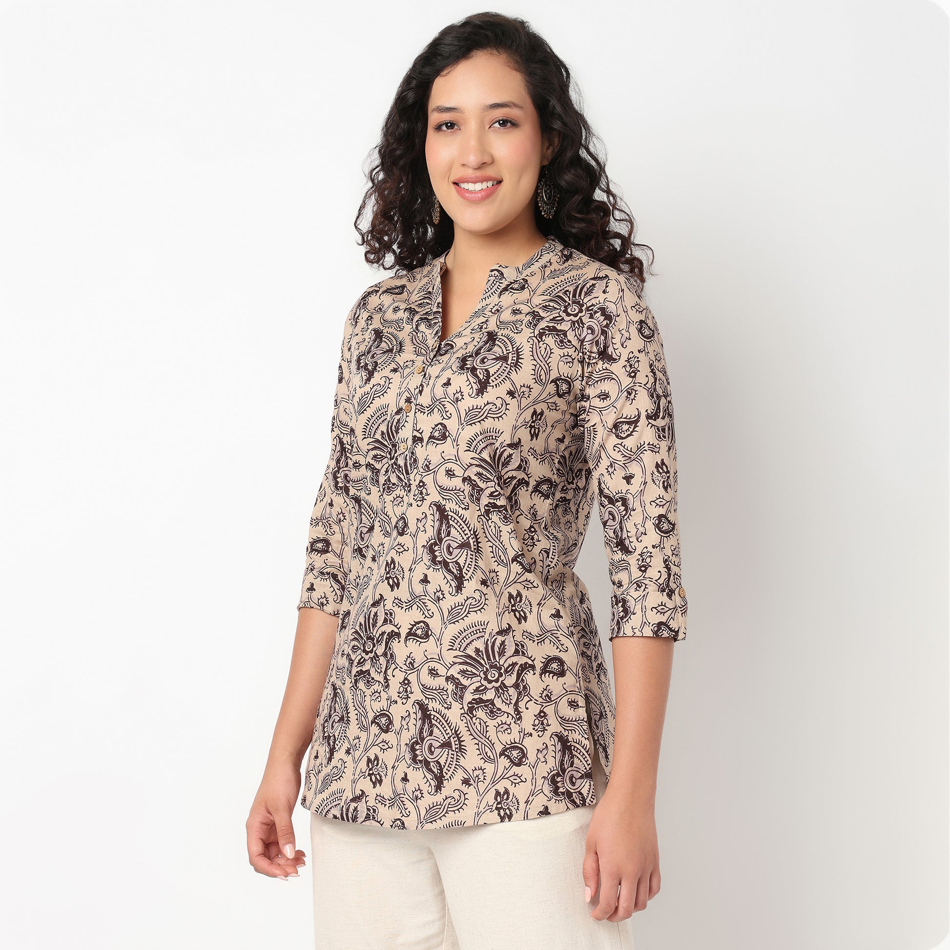 Half Placket Printed Short Kurti