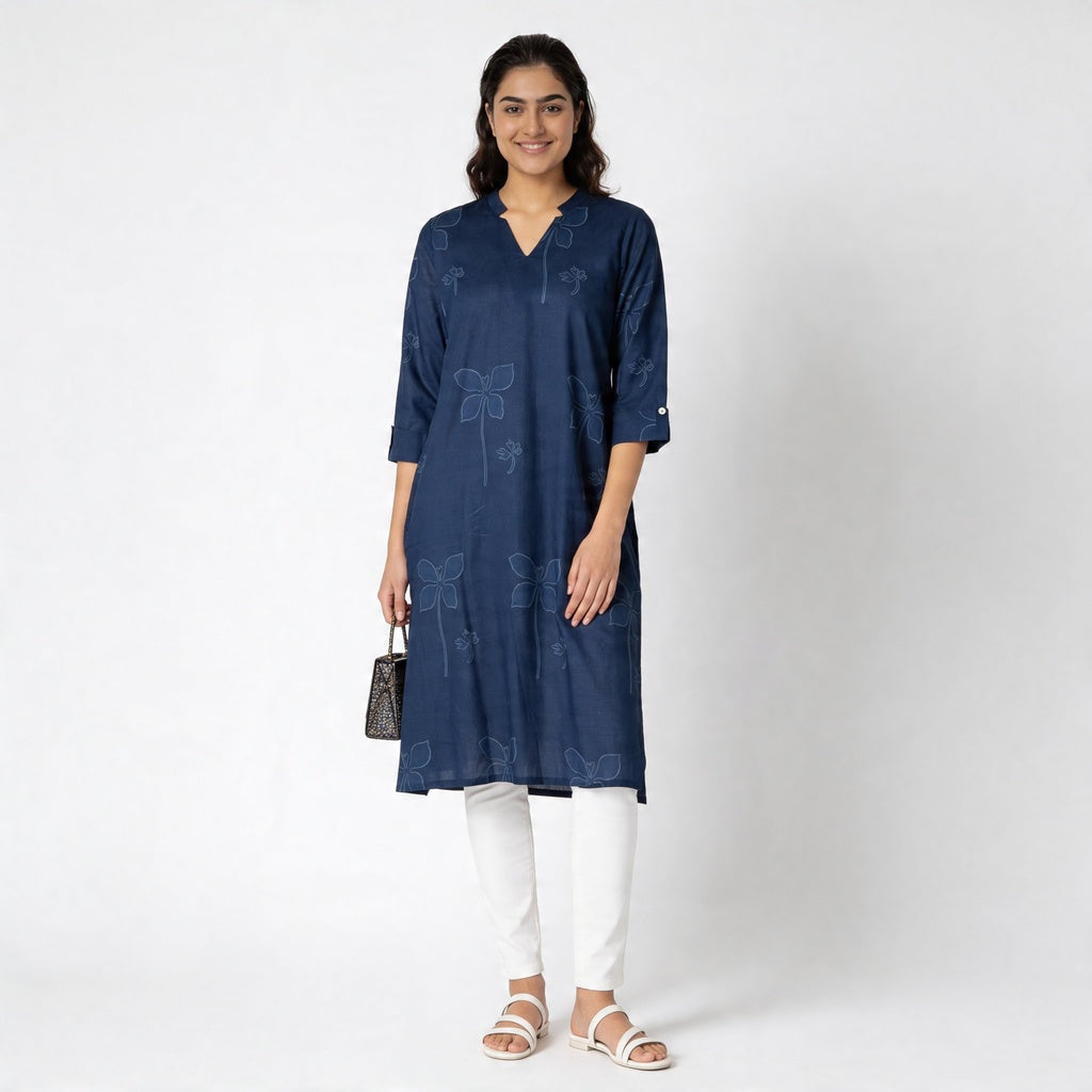Cotton Printed V-Neck Long Kurta