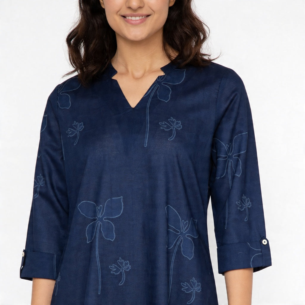 Cotton Printed V-Neck Long Kurta