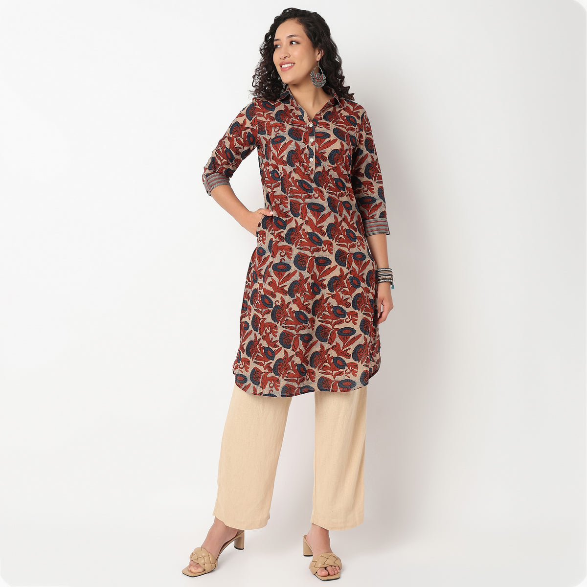Half Placket Printed Cambric Long Kurta