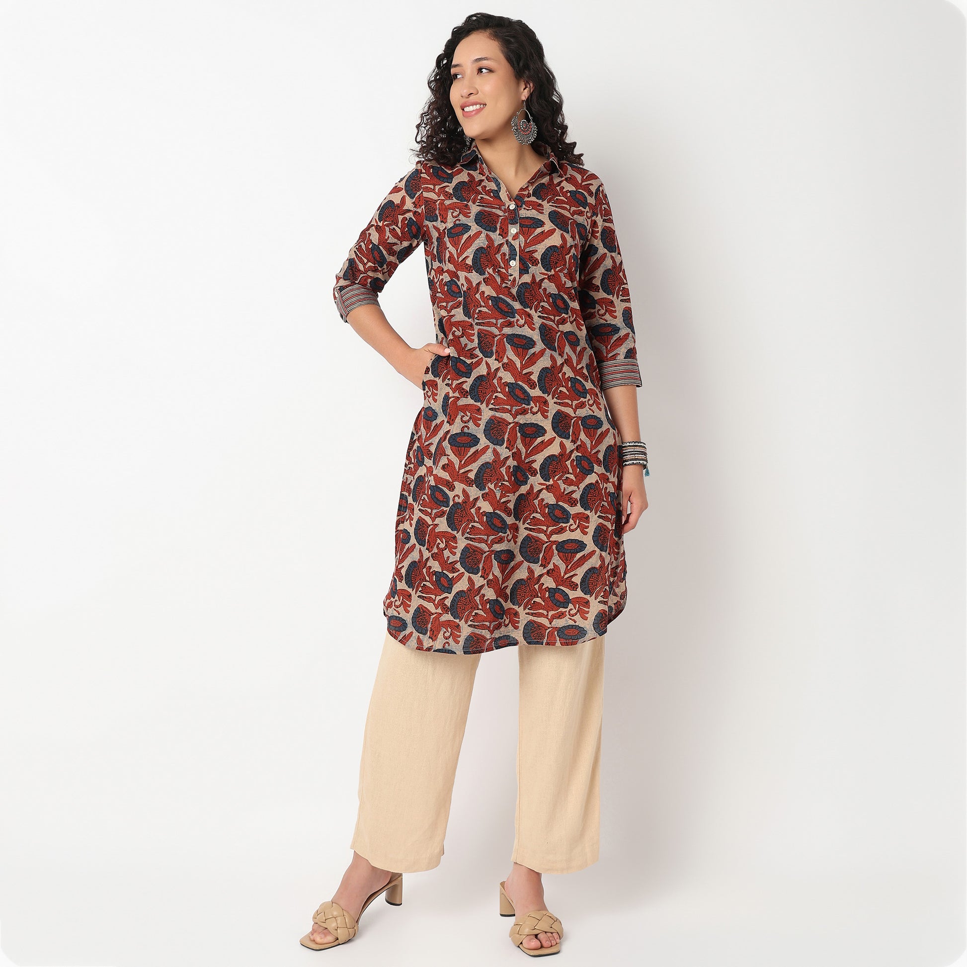 Half Placket Printed Cambric Long Kurta