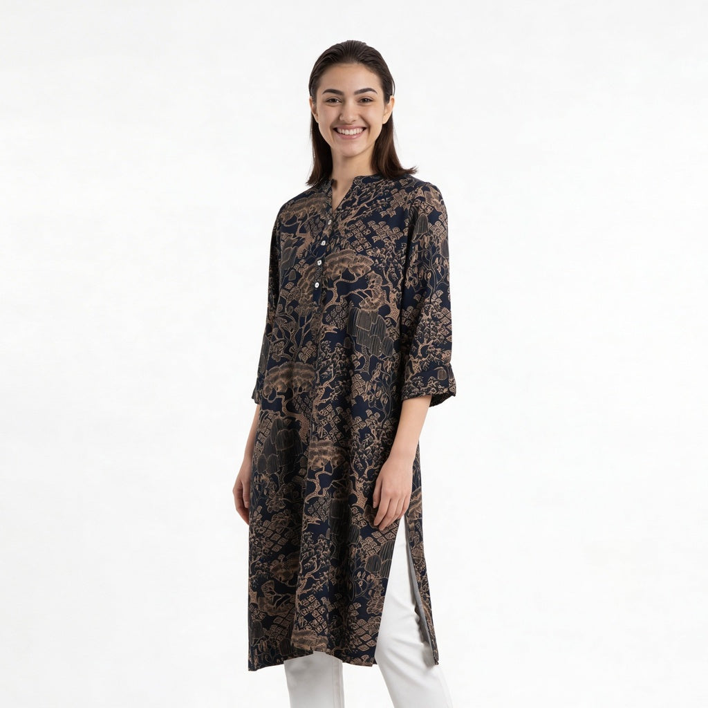 Half Placket Printed Long Kurta