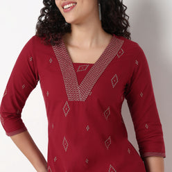 V-Neck With Couching and Gusset Long Kurta