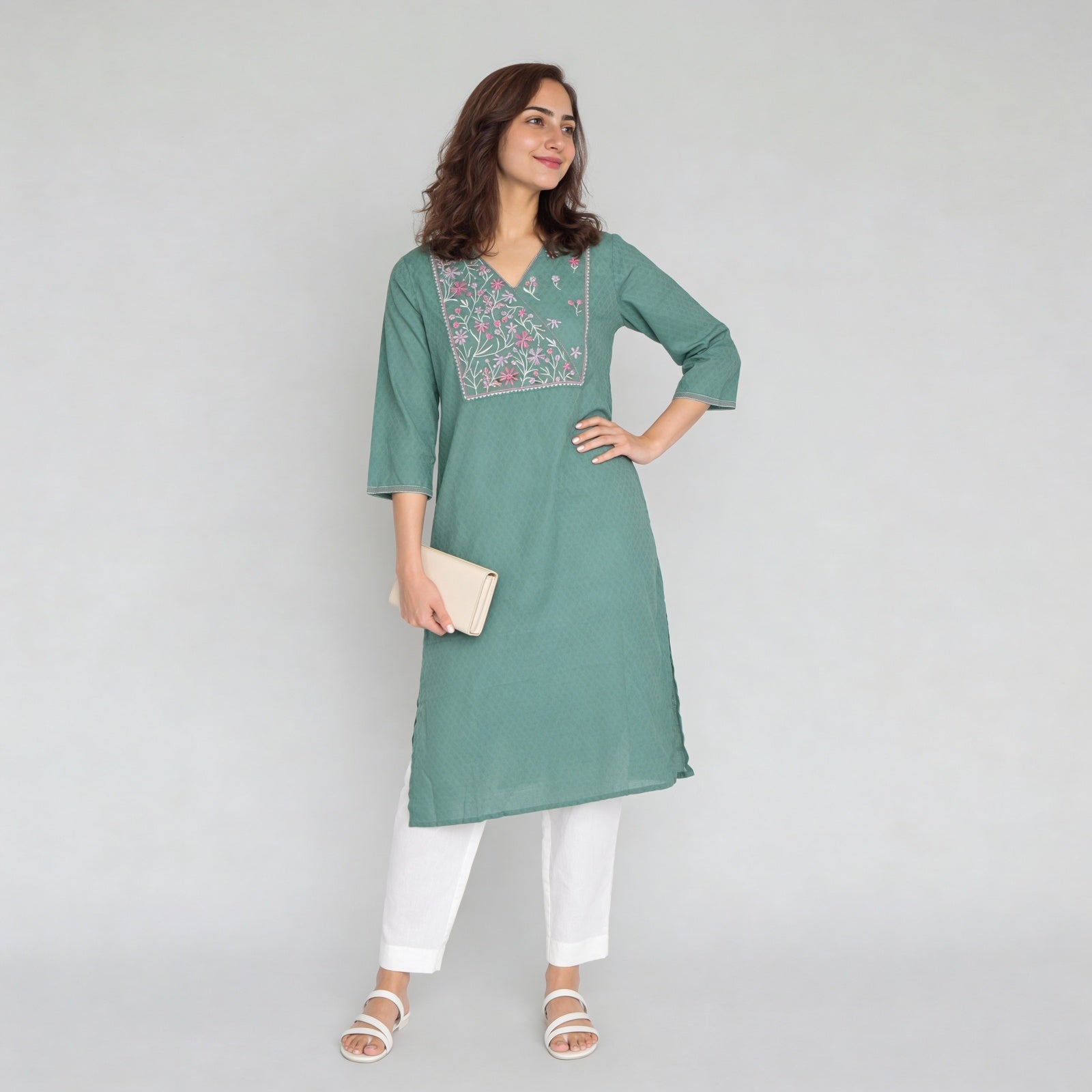 Cotton Solid Three-Fourth Sleeve Kurta
