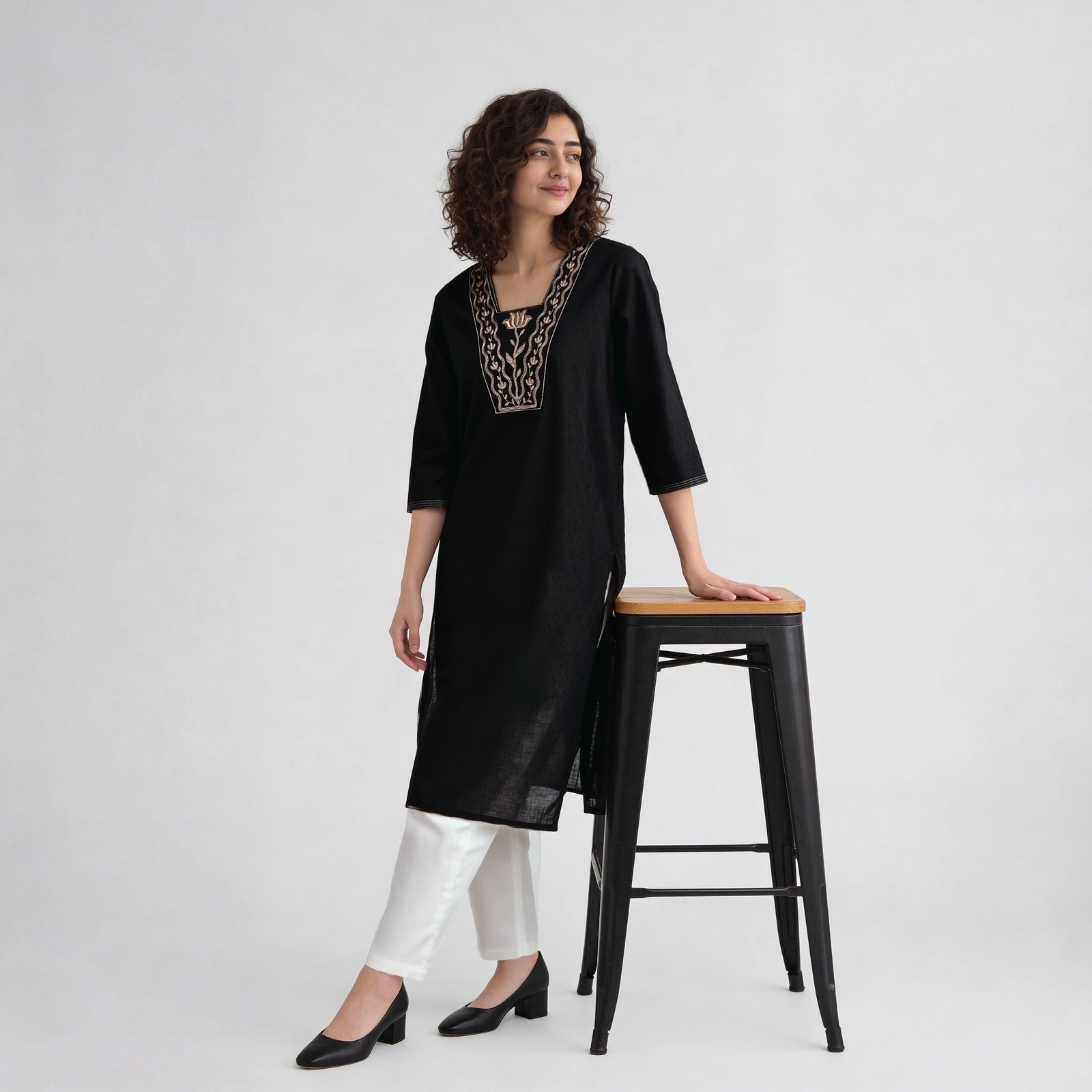 Cotton Solid Three-Fourth Sleeve Kurta