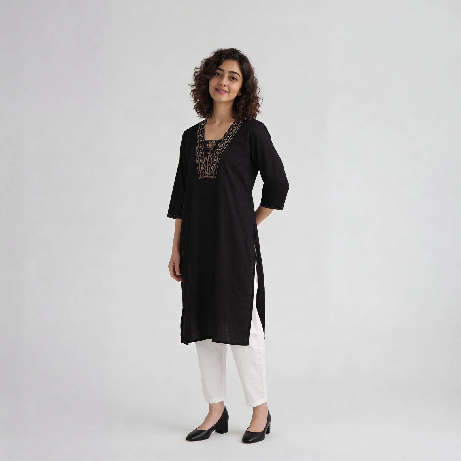 Cotton Solid Three-Fourth Sleeve Kurta