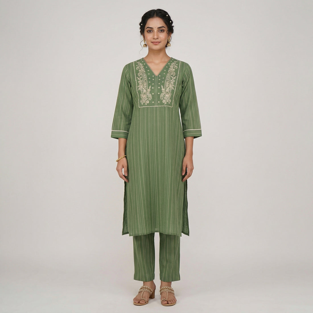 Cotton Embroidered V-Neck Kurta