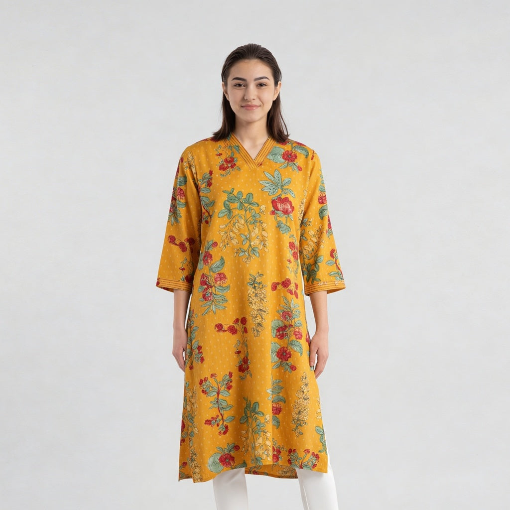 V-Neck Printed Long Kurta