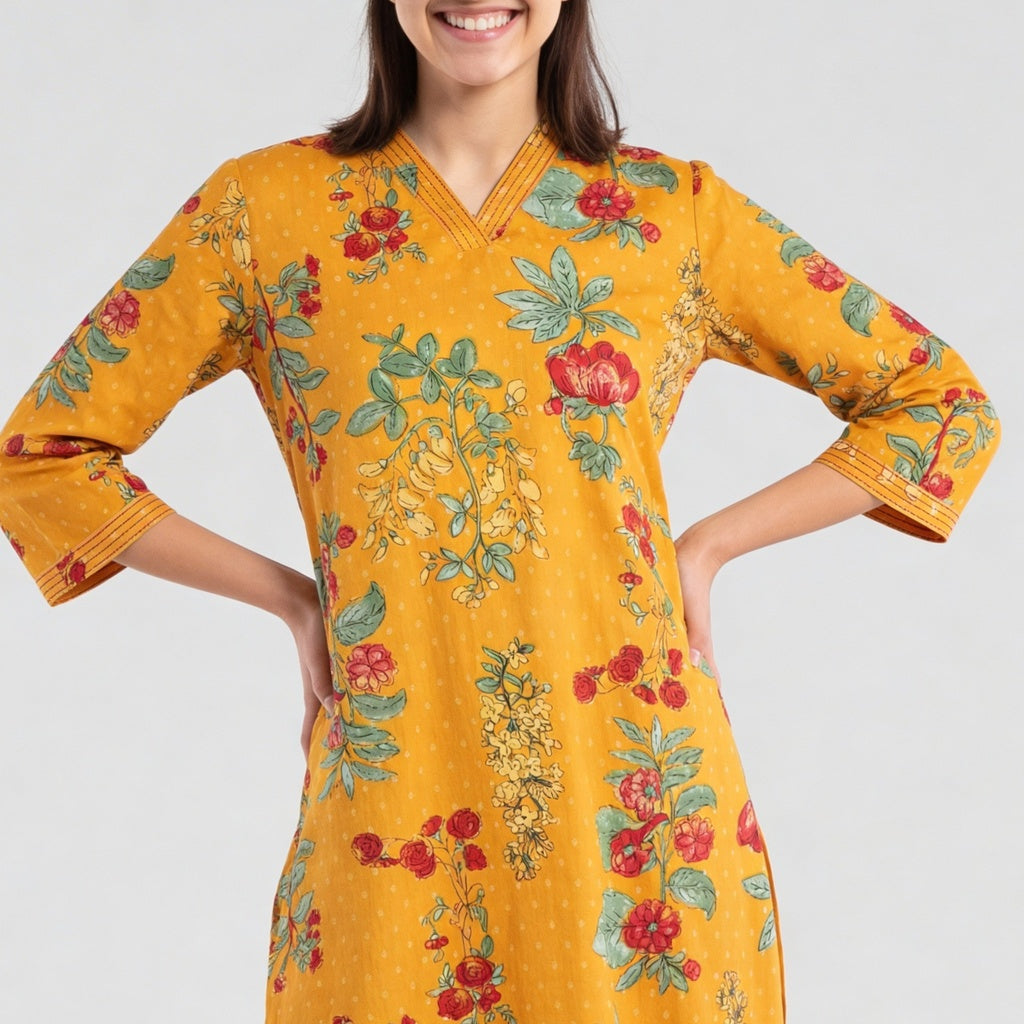 V-Neck Printed Long Kurta