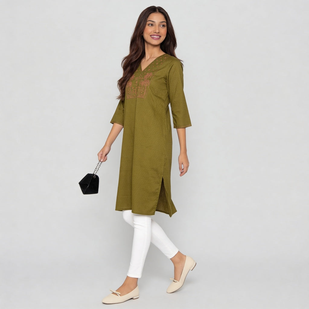 Cotton Embroidered V-Neck Kurta