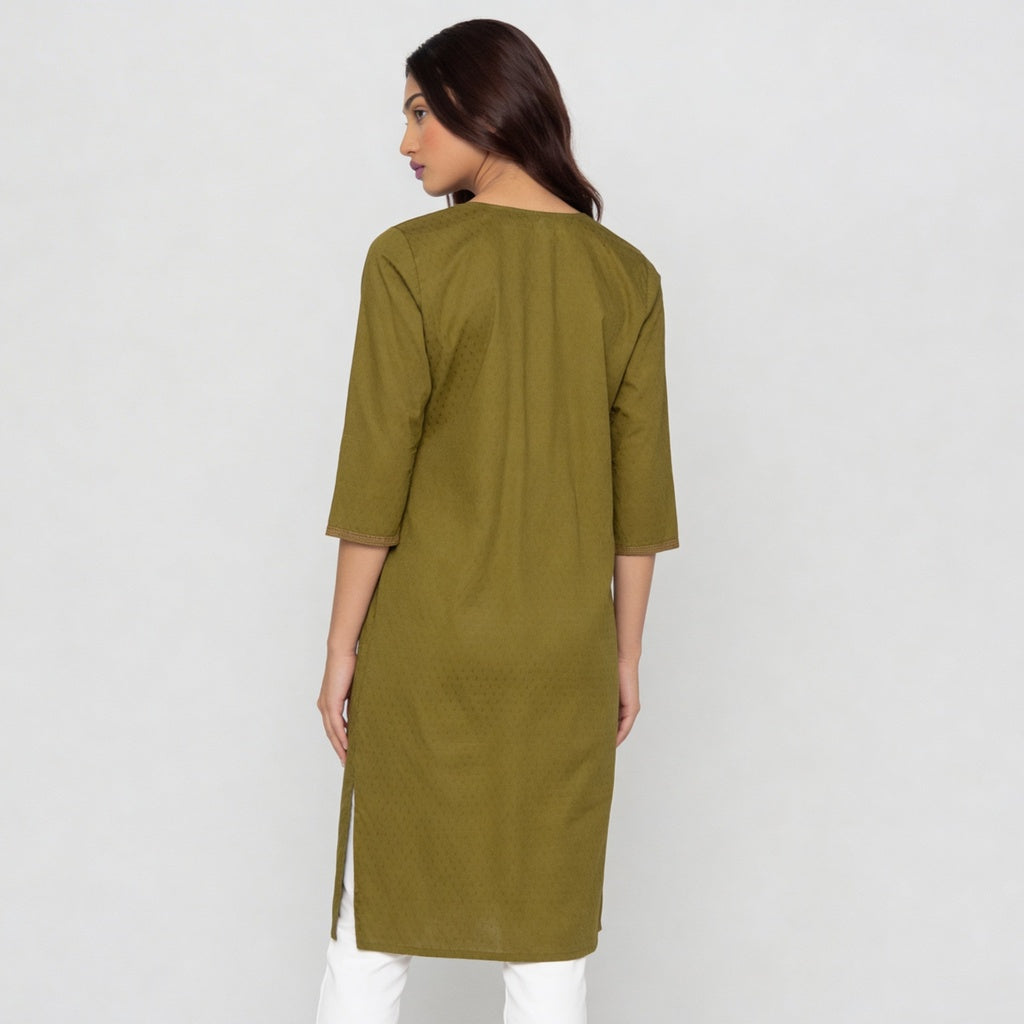 Cotton Embroidered V-Neck Kurta