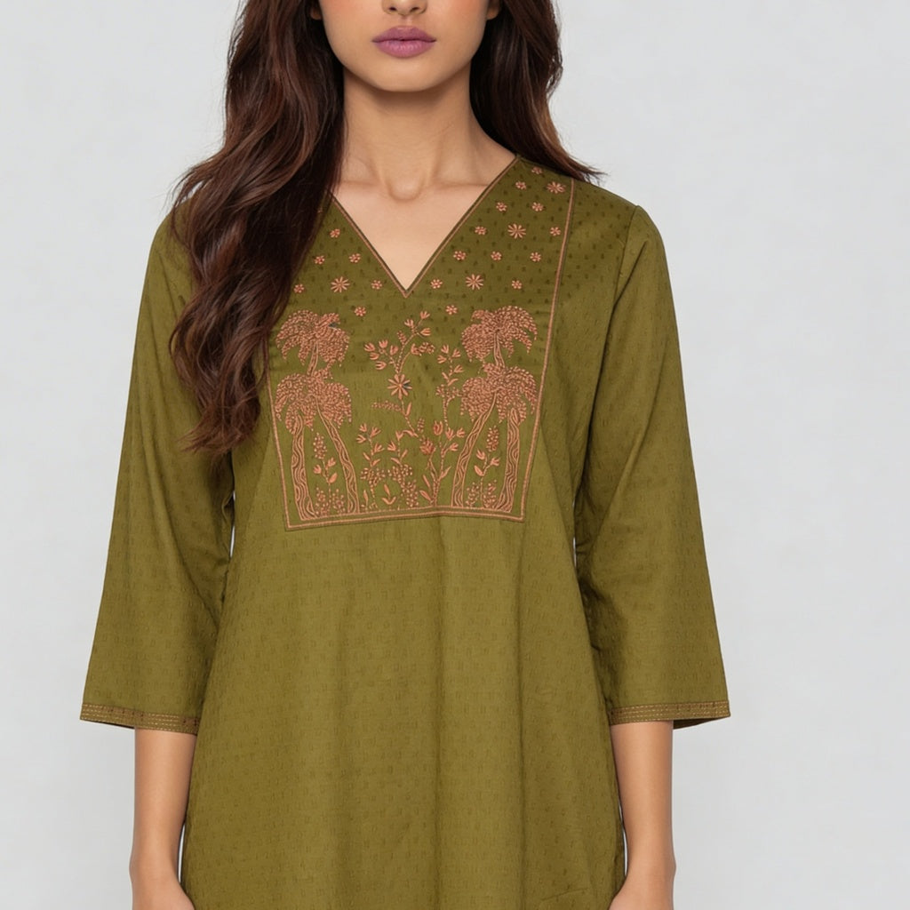 Cotton Embroidered V-Neck Kurta