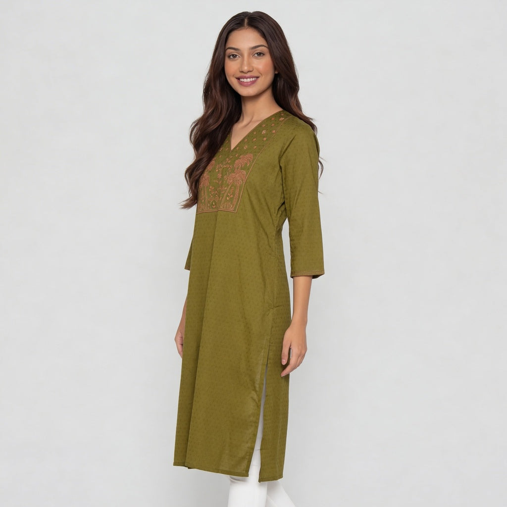 Cotton Embroidered V-Neck Kurta