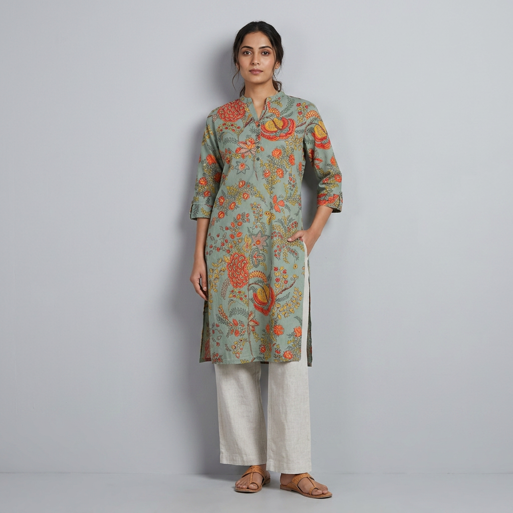Cotton Printed Half Placket Long Kurta