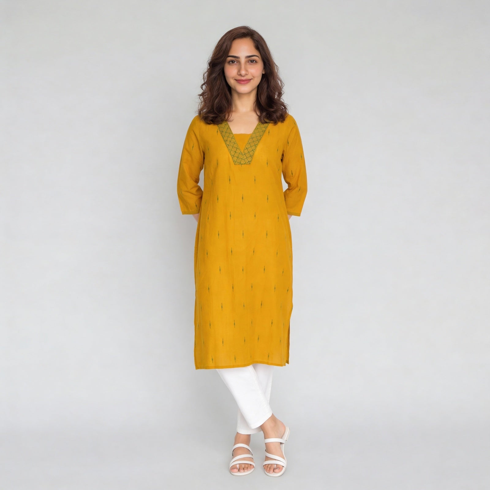 Cotton Jacquard Three-Fourth Sleeve Kurta
