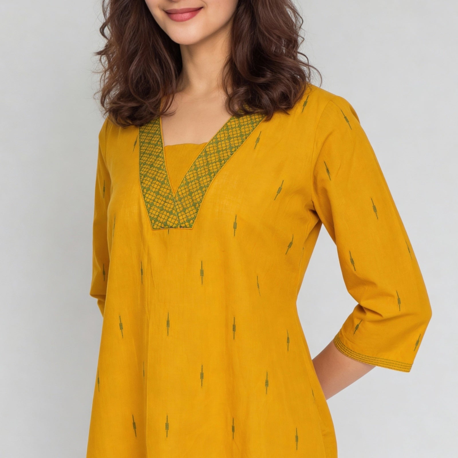Cotton Jacquard Three-Fourth Sleeve Kurta