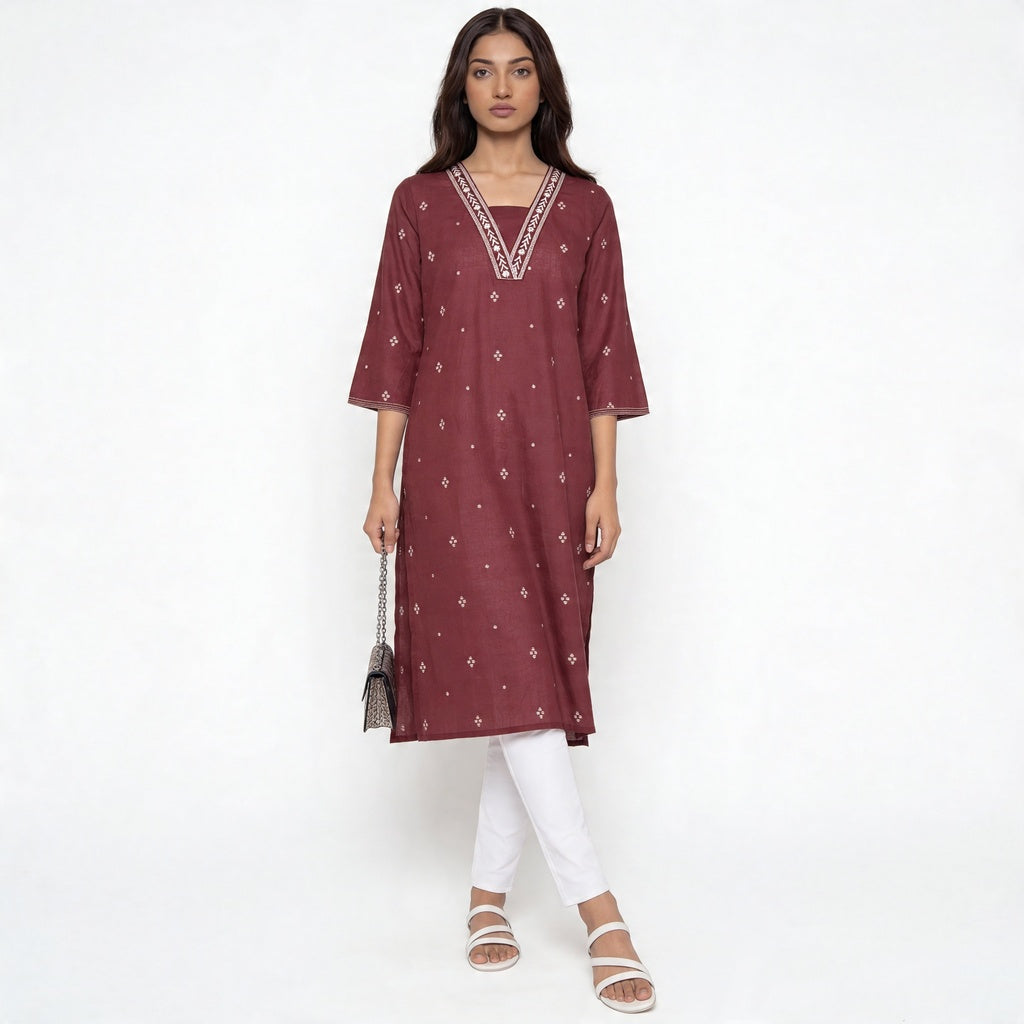 Cotton V-Neck Long Kurta