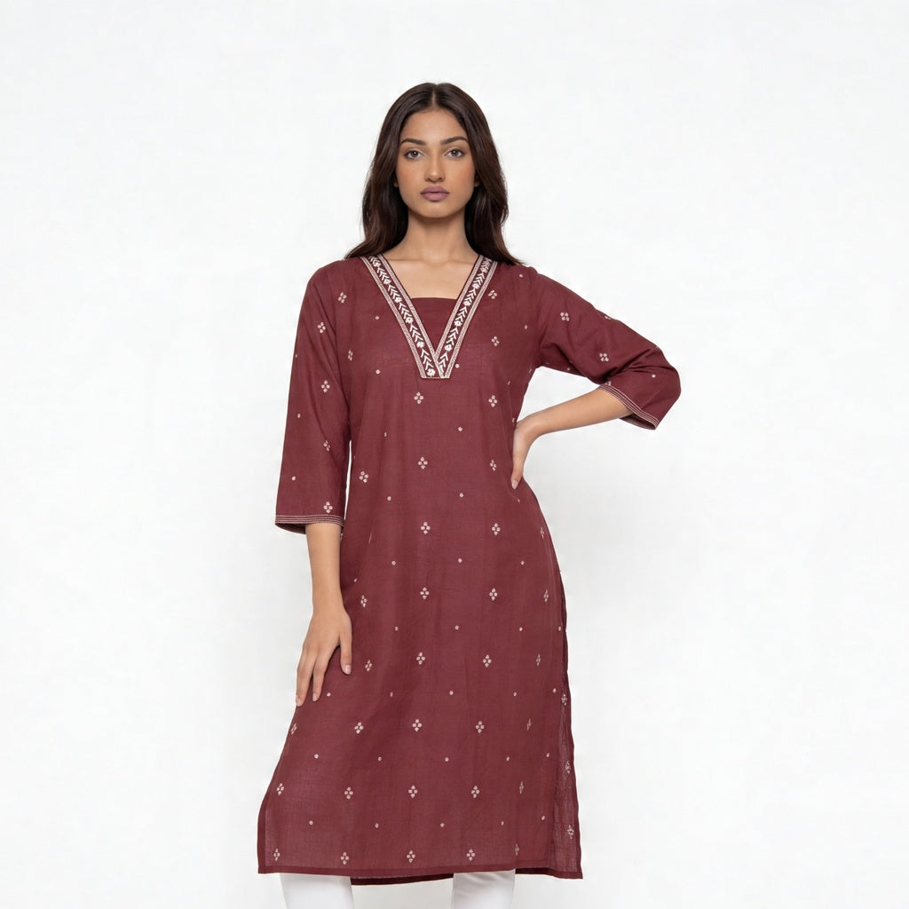 Cotton V-Neck Long Kurta