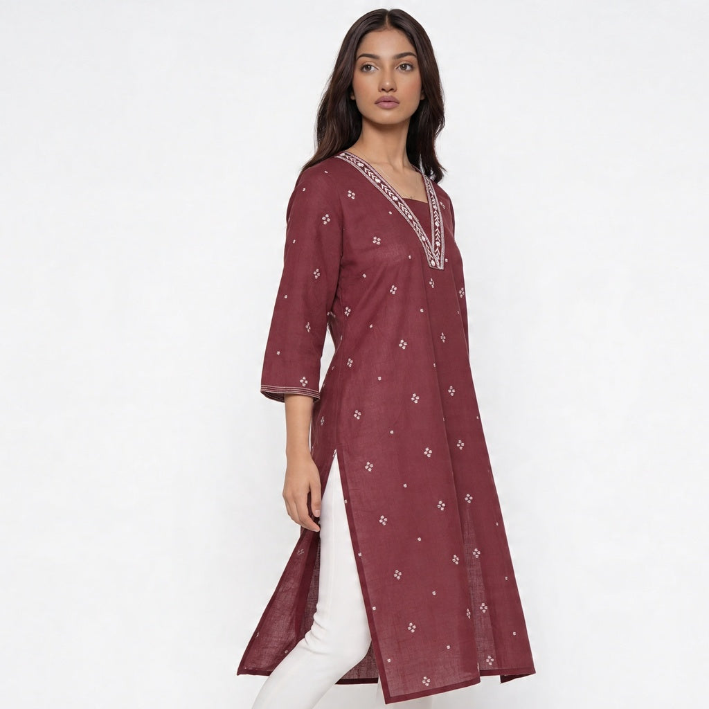 Cotton V-Neck Long Kurta