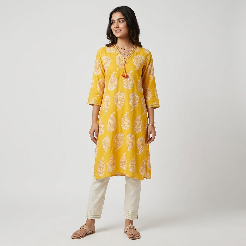 Printed V Neck Long Kurta