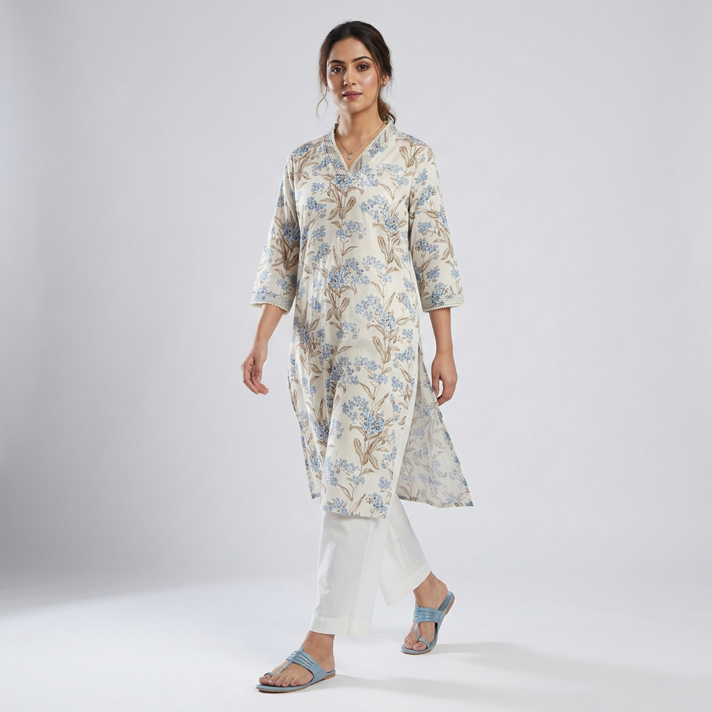 Cotton Printed V-Neck Long Kurta