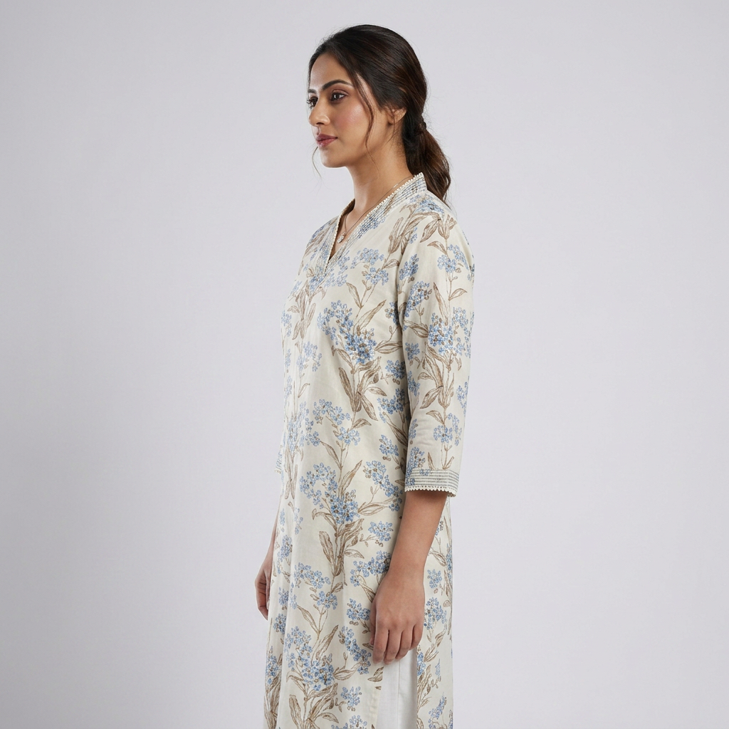 Cotton Printed V-Neck Long Kurta
