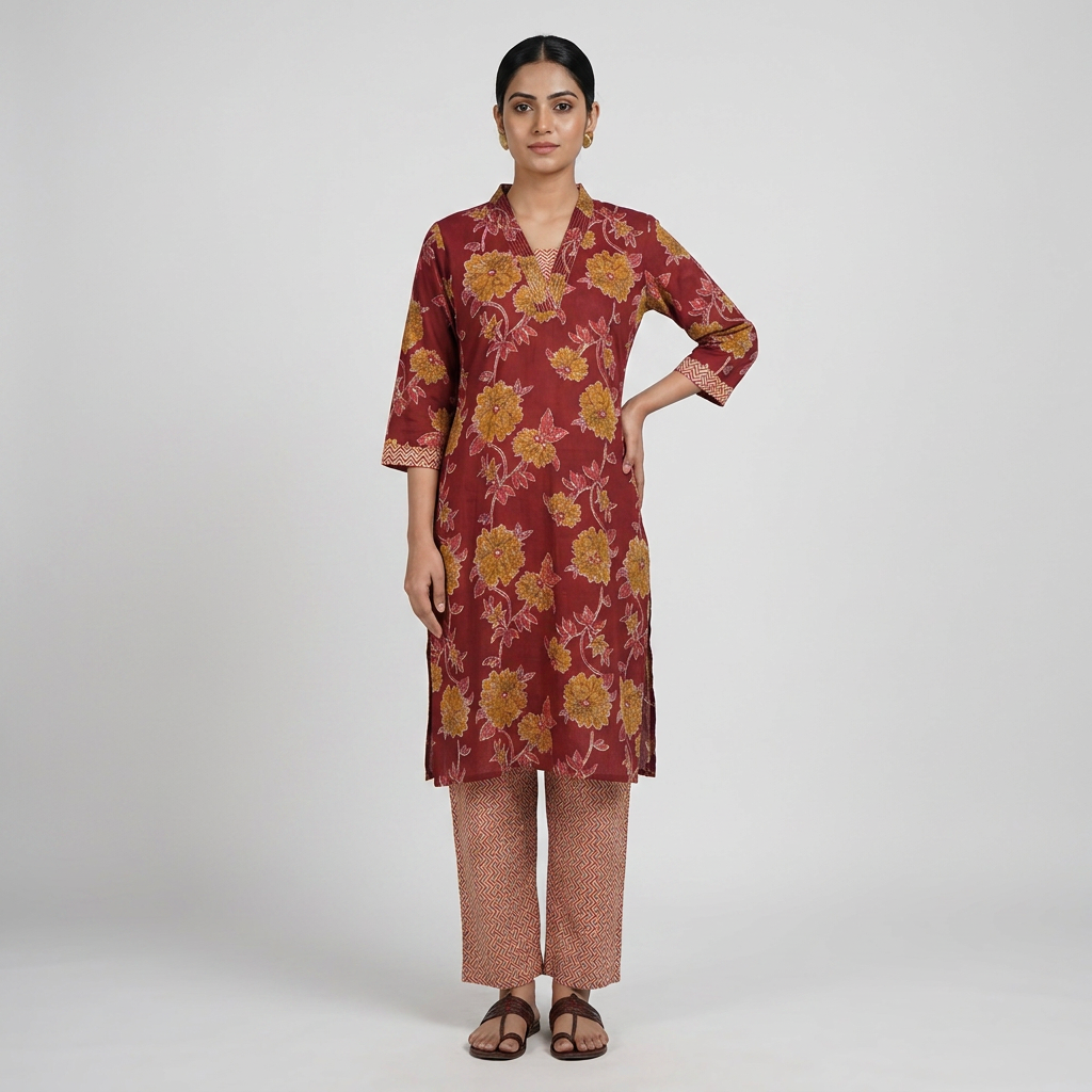 Cotton Printed V-Neck Long Kurta