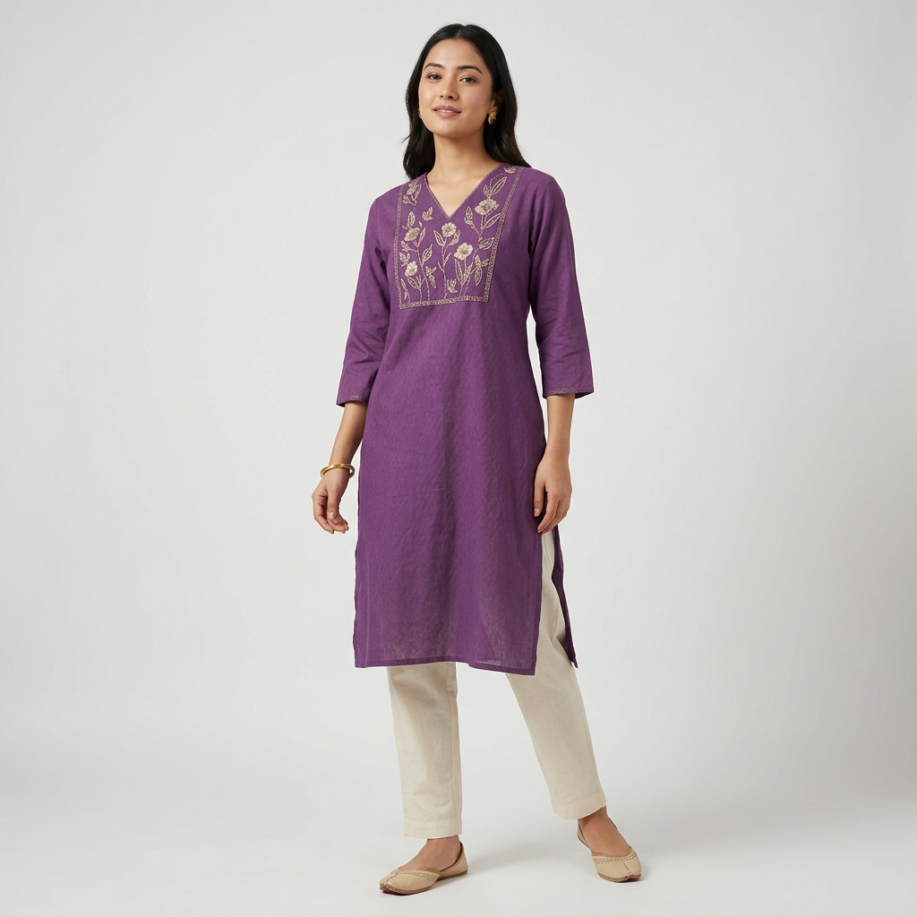 Cotton Embroidered V-Neck Long Kurta