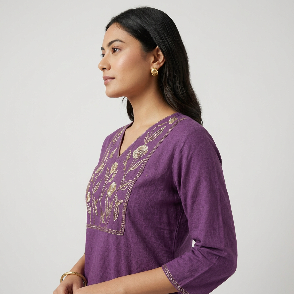 Cotton Embroidered V-Neck Long Kurta