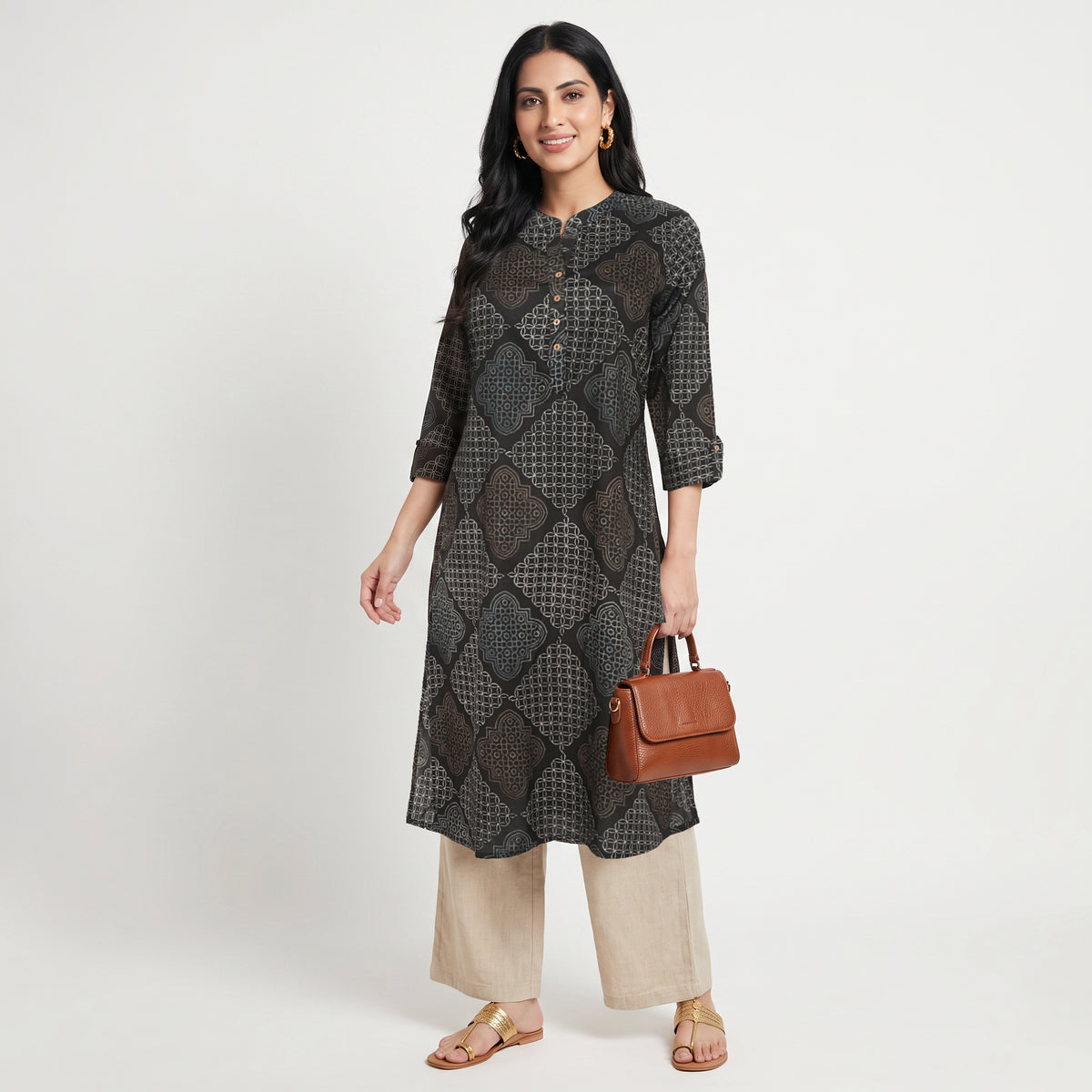 Cotton Printed Band Collar Kurta