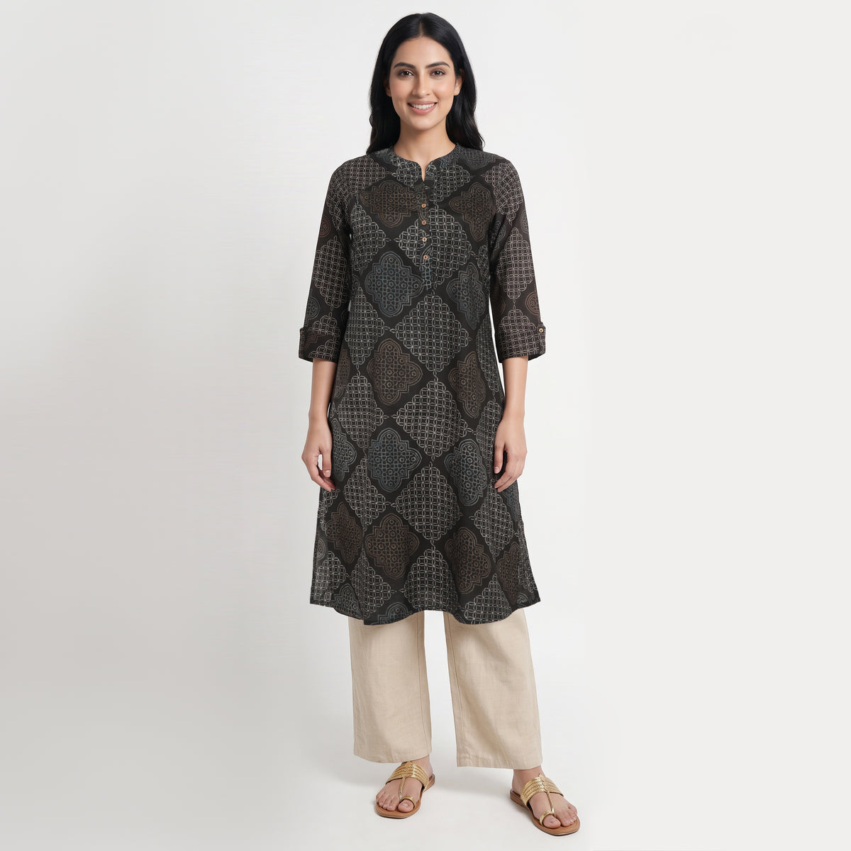 Cotton Printed Band Collar Kurta