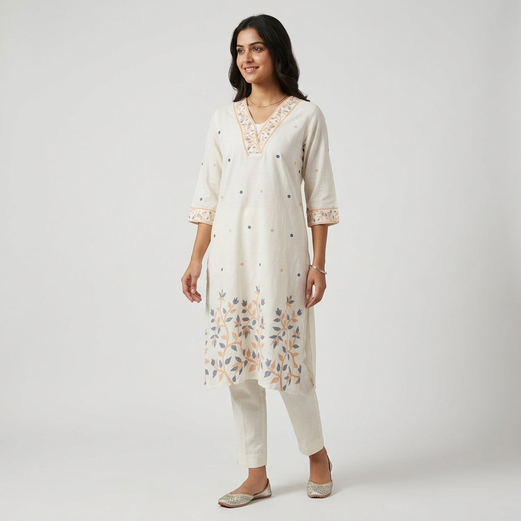 Printed V-Neck With Gusset Long Kurta