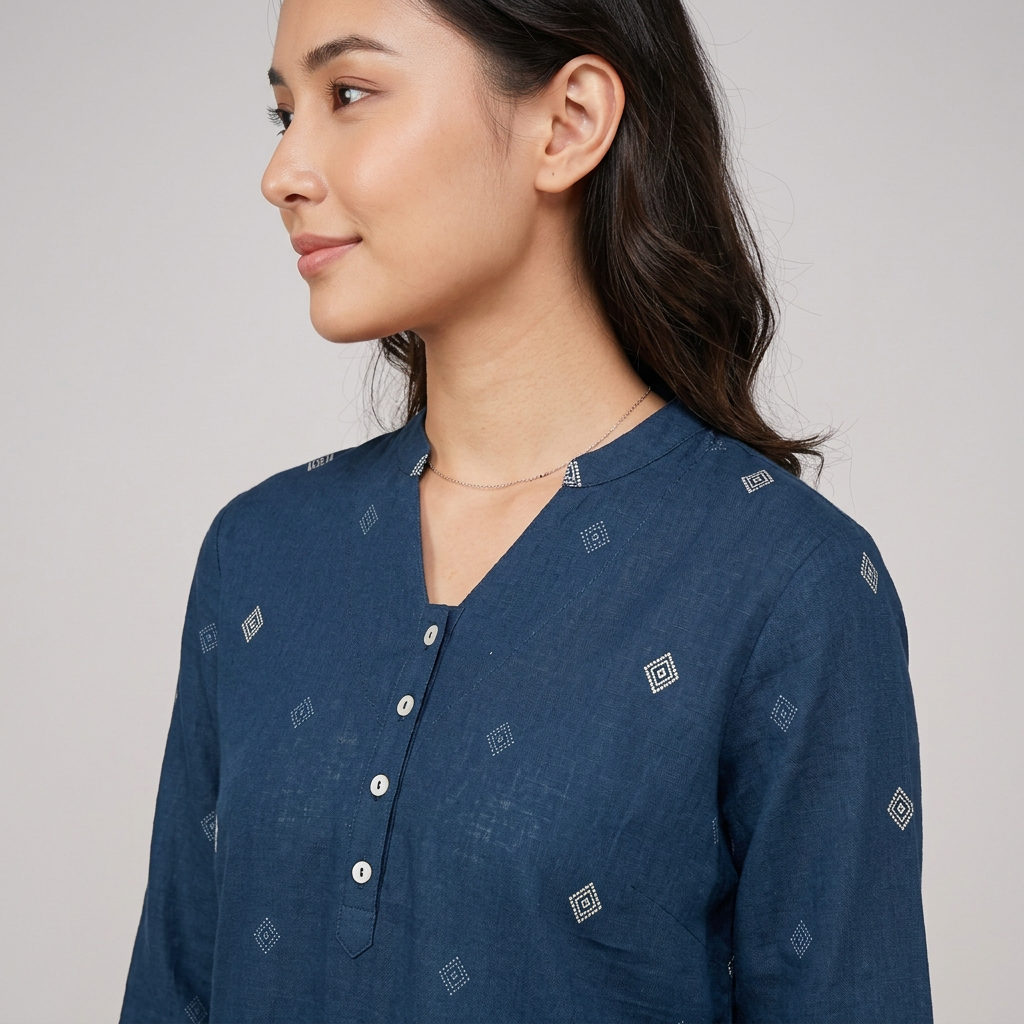 Printed V Notch With Half Placket Kurta
