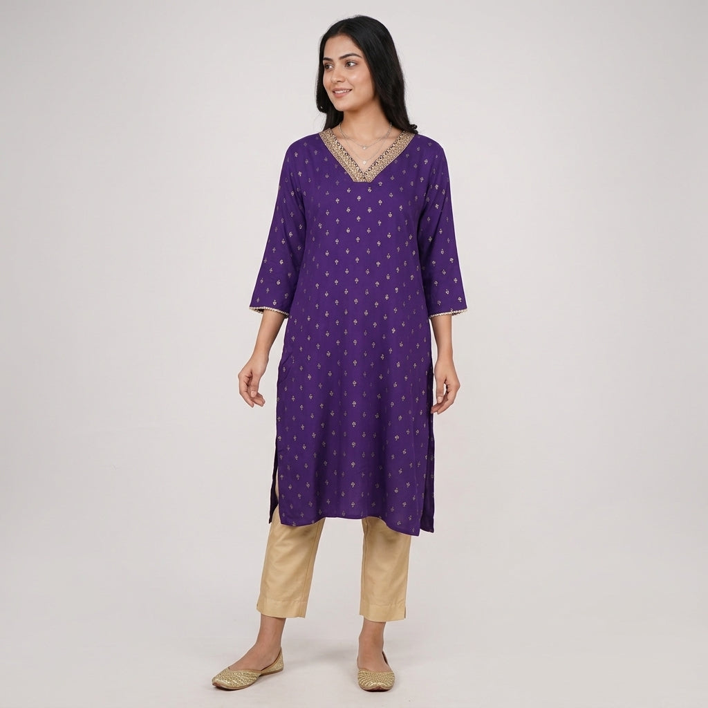 Printed V-Neck Kurta