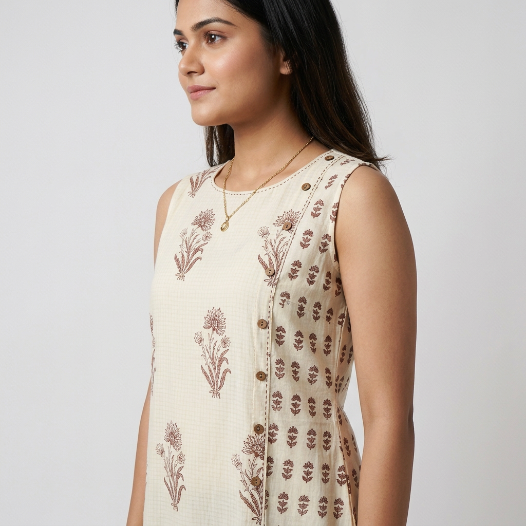 Printed Side Placket Sleeveless Long Kurta