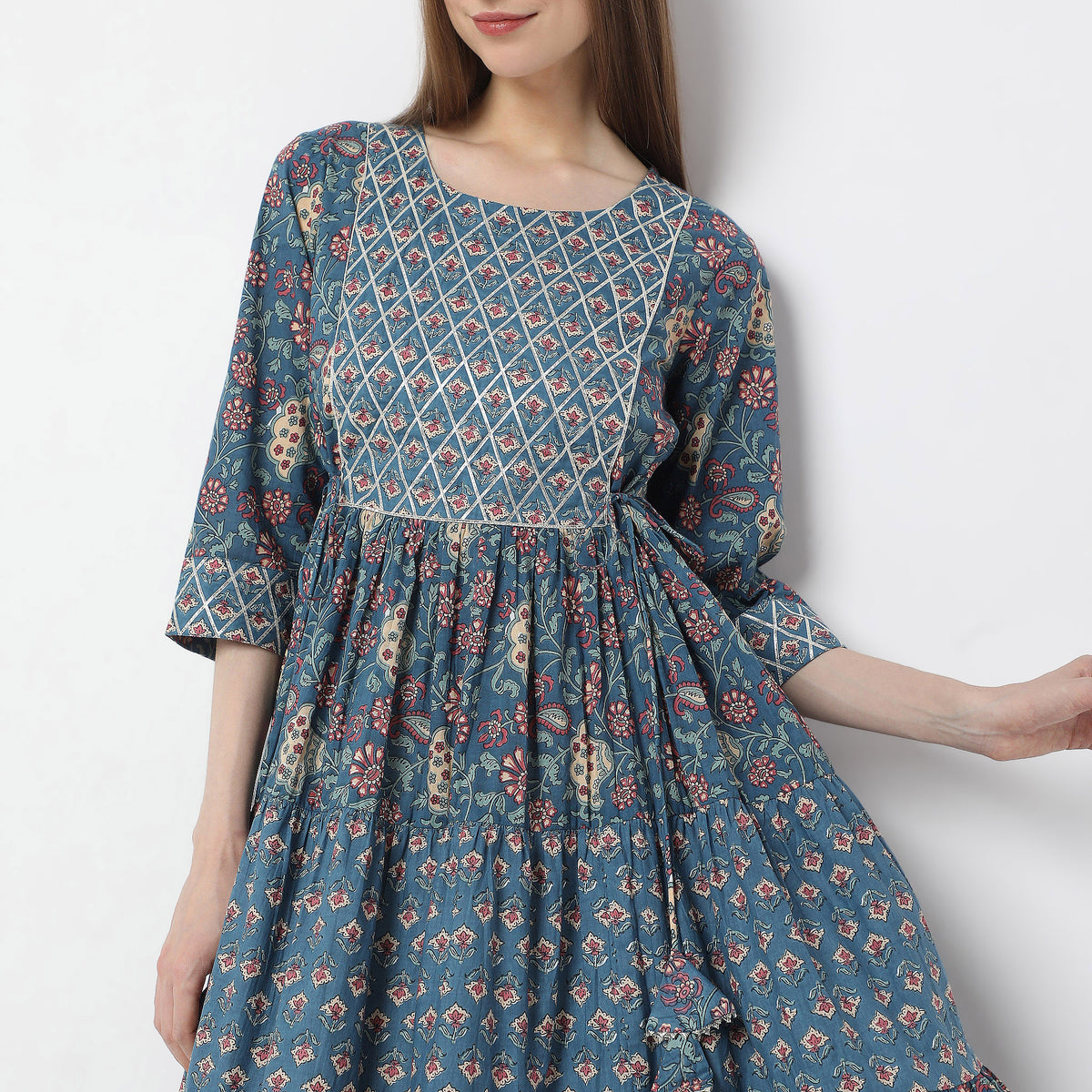 Below Knee Flare Fit Tiered Jaipuri Printed Kurta