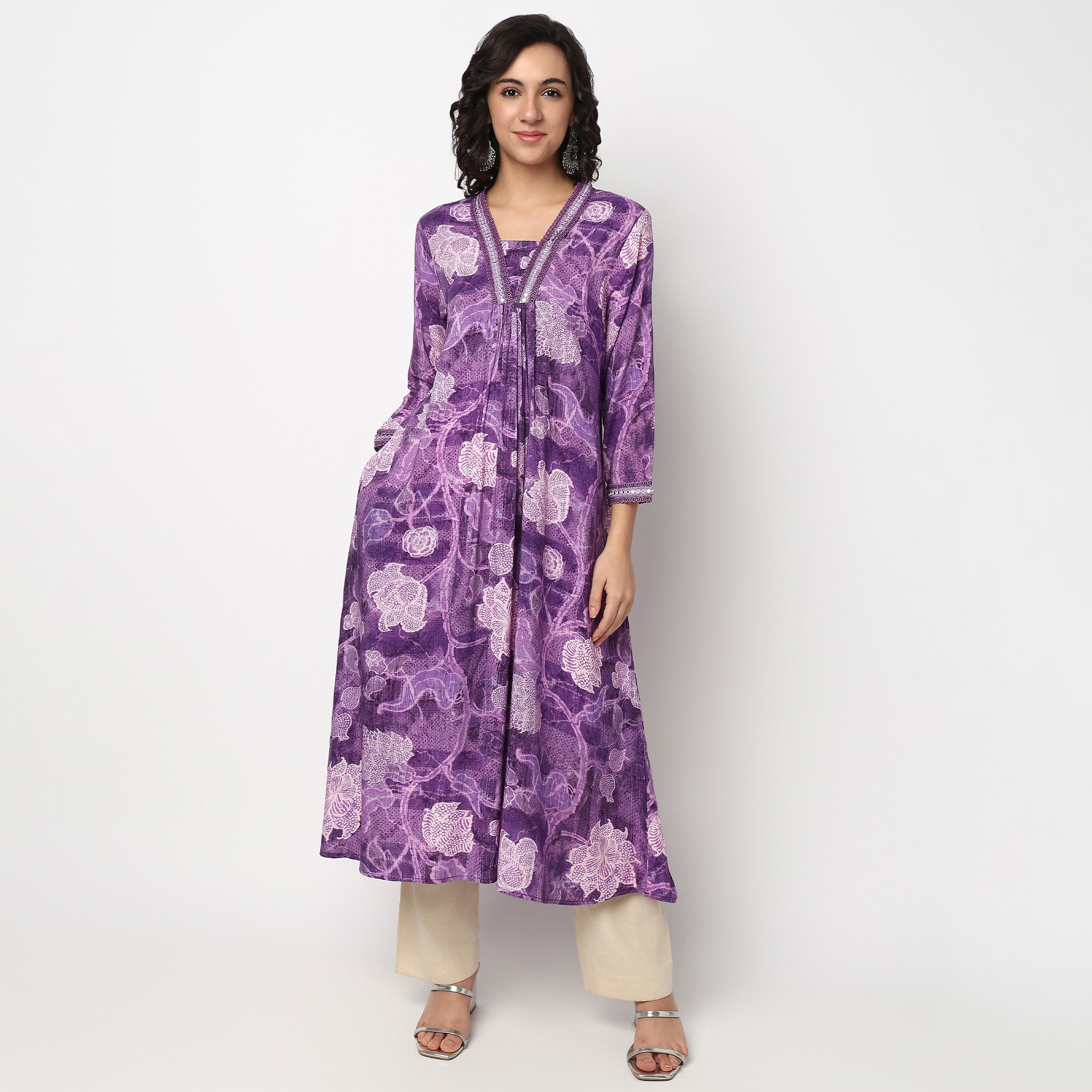 Buy Women Flare Fit Printed Three-Fourth Sleeve Kurta  - Style Union