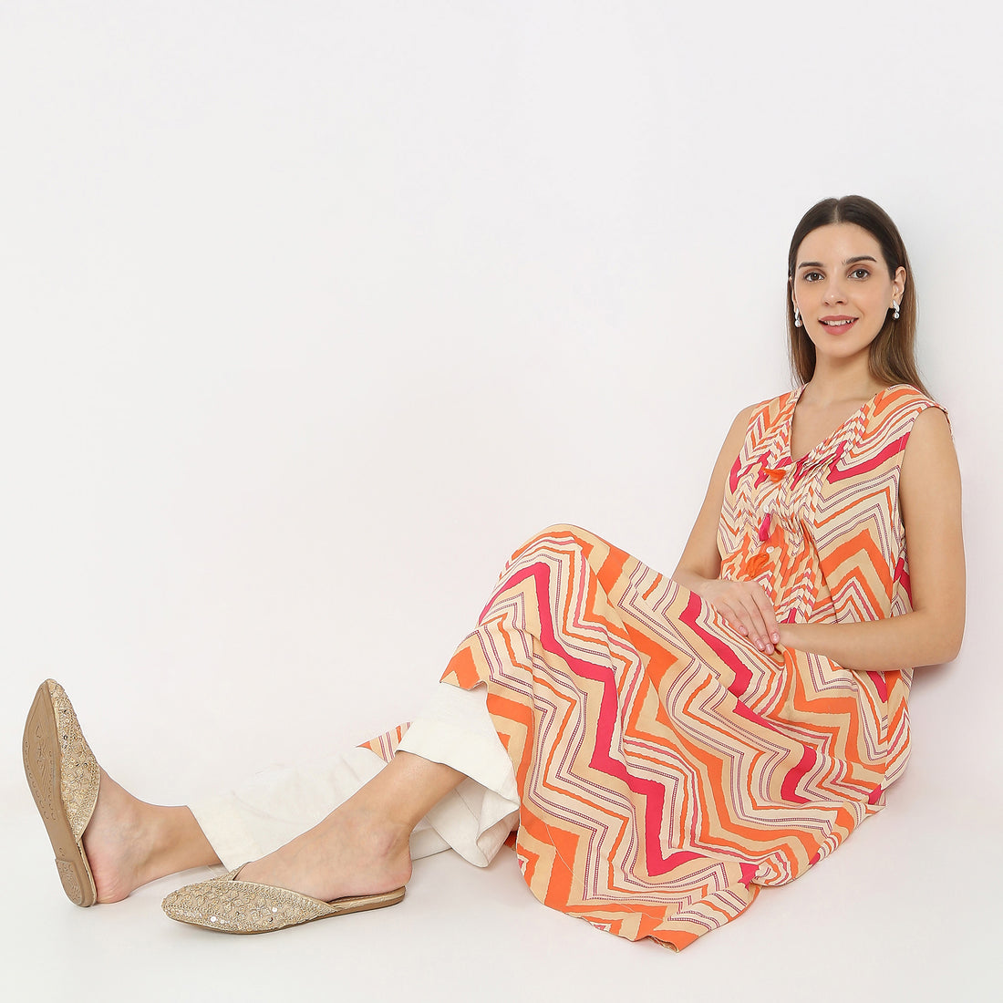 Printed Below Knee Botanical Bliss V-Neck Sleeveless Flared Kurta