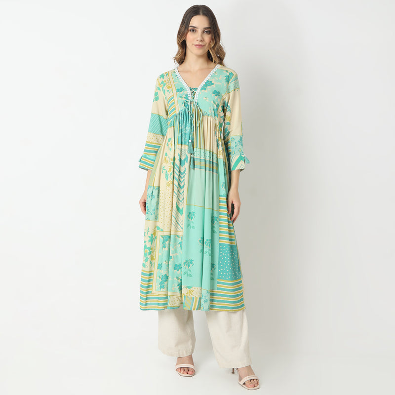 Flare Fit Printed V-Neck Kurta