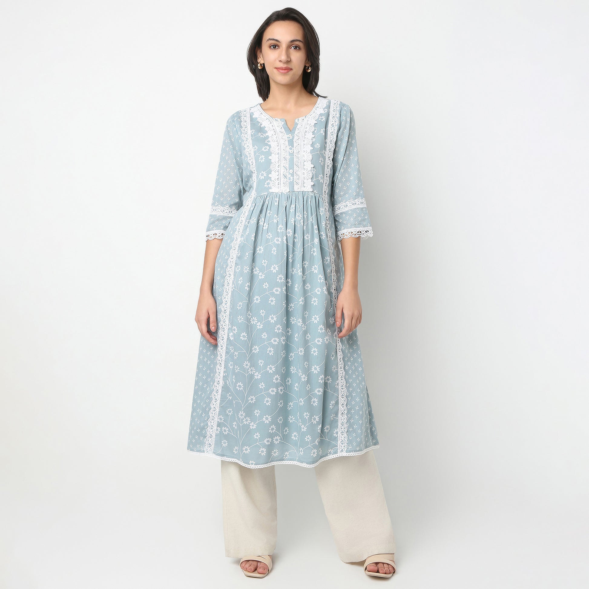 Printed Below Knee Flared Placket Kurta