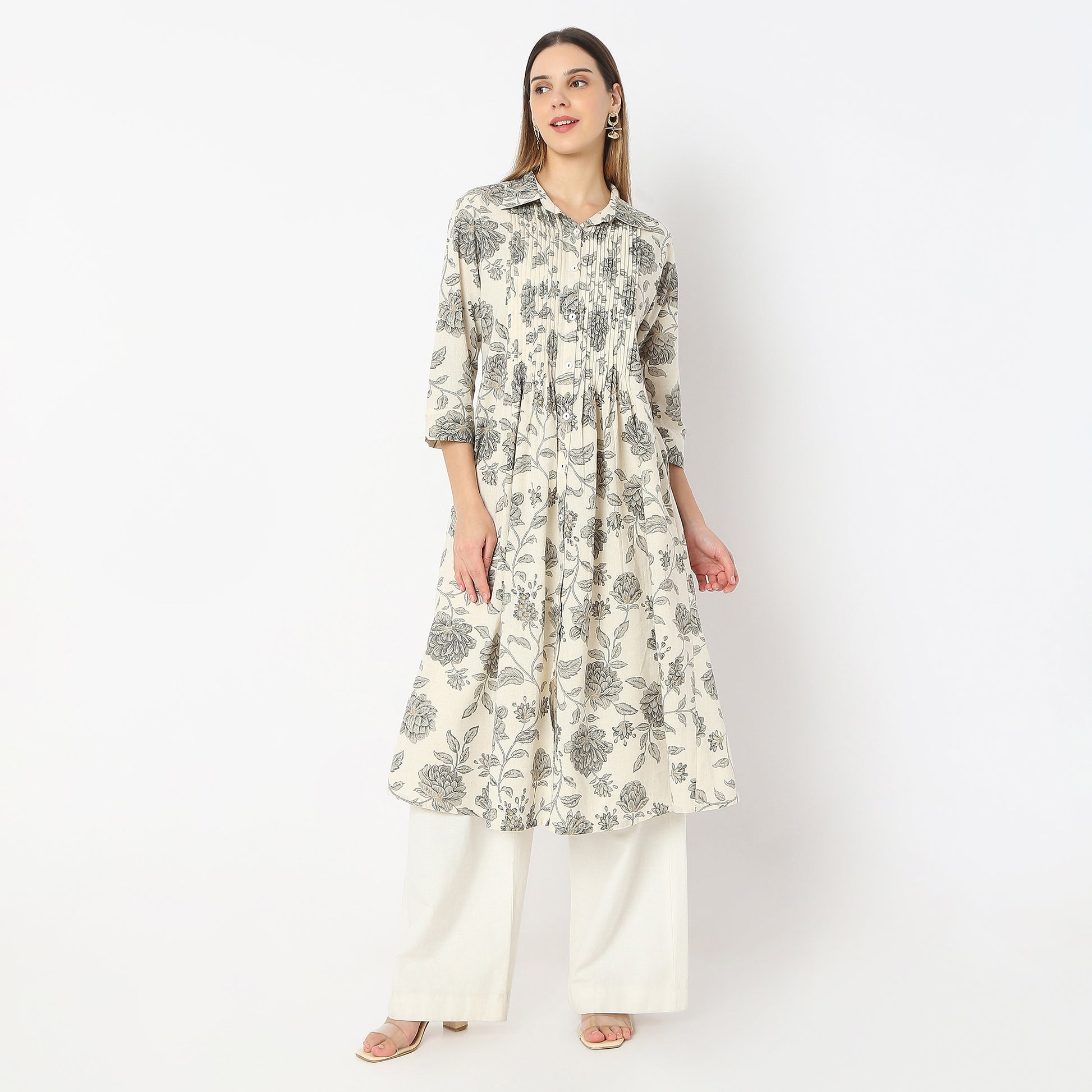 Printed Below Knee Shirt Collar Delicate Threads Kalidar Flared Kurta