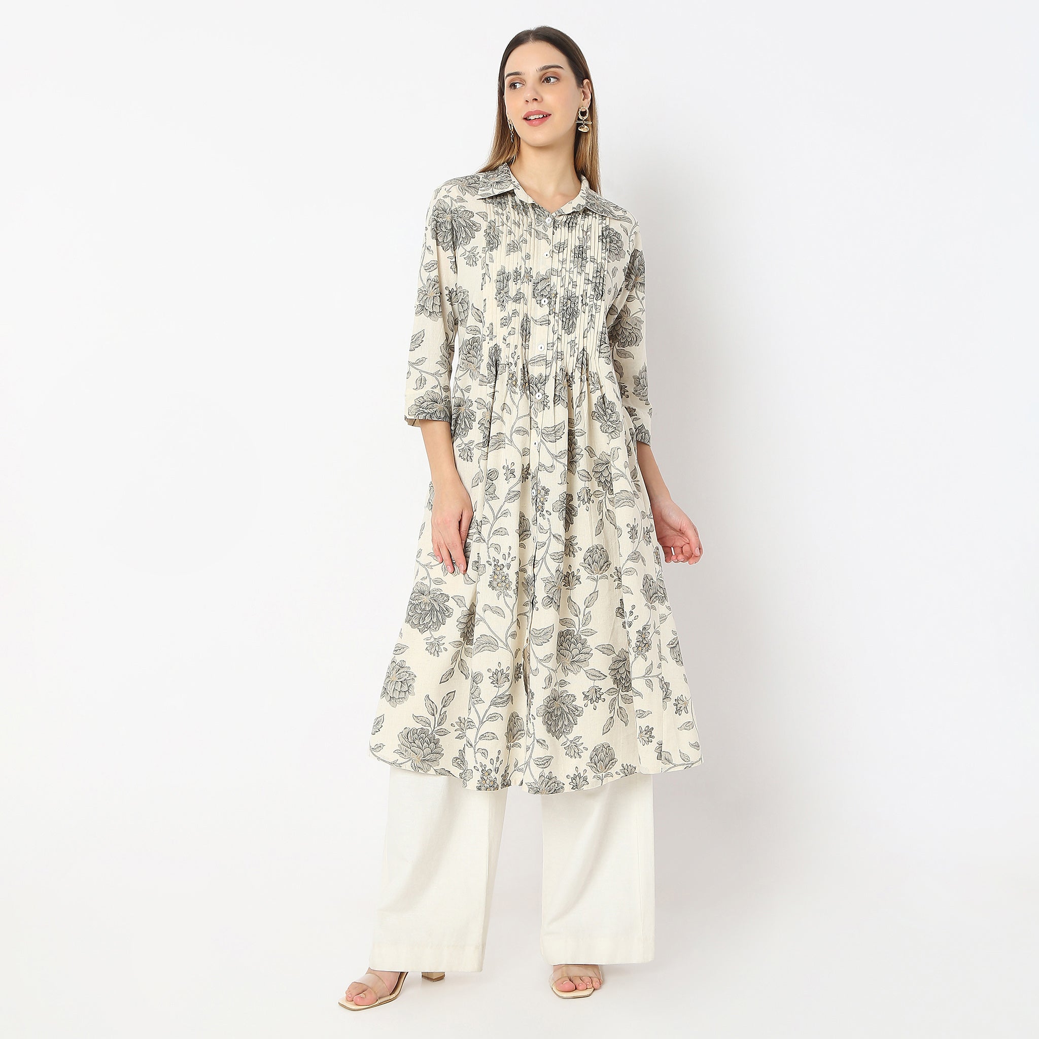 Printed Below Knee Shirt Collar Delicate Threads Kalidar Flared Kurta